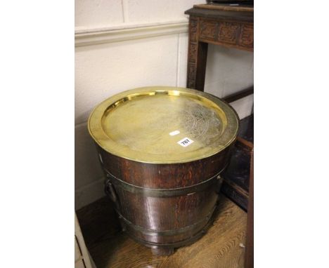 Oak and Iron Bound Barrel Planter with Brass Lid