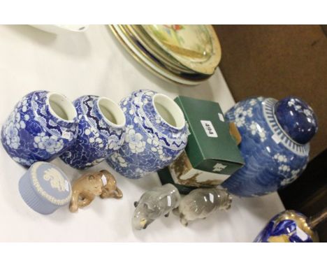 An Orange Blossom Ginger Jar and Three Other Blue and White Ginger Jars together with a Boxed Lilliput House, Wedgwood Trinke