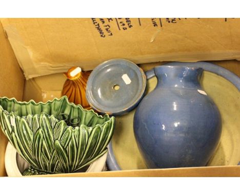 A Blue Glazed Pottery Jug and Bowl, smaller Jug and Soap Dish plus Portmeirion Planter, Sylvac Planter and an Onion Face Pot 