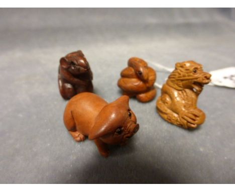 Four Wood Ojimi Netsuke including Snake, Pig, Dragon and Mouse (three signed)