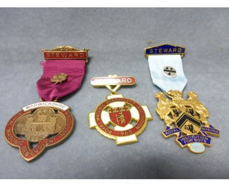 Three Gilt and Enamel Masonic Medals, two with ribbons and the other Stewards