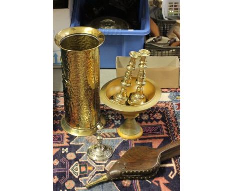 A Brass Stick Stand, Pair Brass Candlesticks, Brass and Copper Bed Pan, Brass Studded Bellows and a Treen Bowl