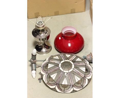 A Chrome Oil Lamp (converted to electric) with red glass shade plus a Tiffany style Central Light 