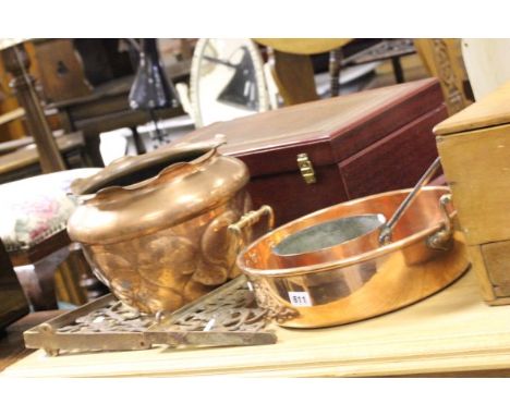 An Antique Copper Saucepan with iron handle, Copper Twin Handled Bowl, Copper Art Nouveau Planter plus Two Cast Iron Wall Bra