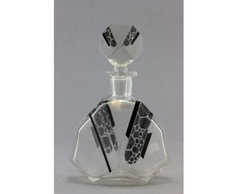 A 1930's Art Deco Glass Decanter with etched black design 