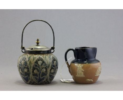 A Victorian Doulton Lambeth Stoneware Preserve Pot plus a Royal Doulton Stoneware Hunting Milk Jug 