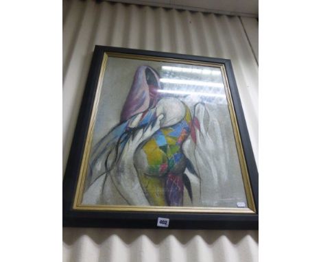 A 20th century School Studio Framed Oil Painting Portrait of a Harlequin Figure, signed 