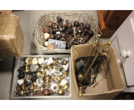 A Basket of Bakelite Wooden Door Handles plus a Tub of Ceramic and Glass Door Handles together with a Brass Companion Set plu