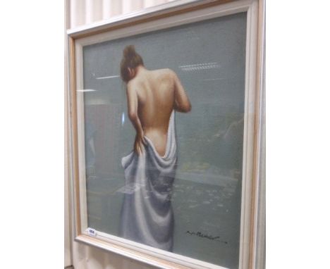 A Modern School Framed Oil Painting Portrait of a Semi Clad Nude Female, signed 