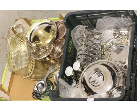 Two Trays of Silver Plate including Wire Wine Holder, Pair of Wine Bottle Coasters, Two Tea Strainers, Toast Rack, Pair of Hu