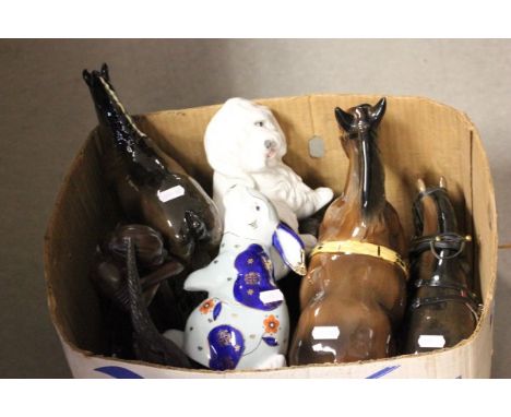 Three Ceramic Shire Horse plus a Sheepdog and a Rabbit, Three Resin Figures and a Lacquered Jewellery Box 