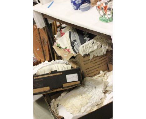 Two Boxes Vintage Linen and Lace plus a Box of Blankets, Cushions and Throws 