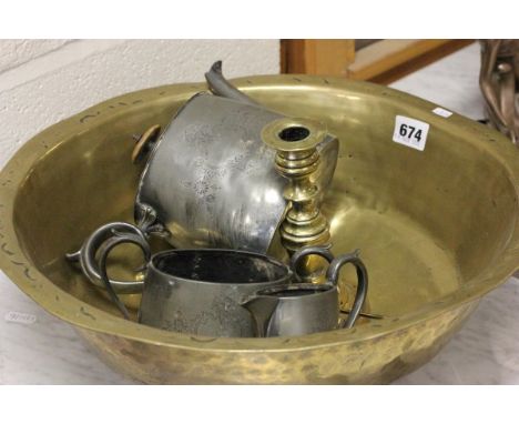 A Brass Bowl and Brass Candlestick plus Three Piece Pewter Tea Service 