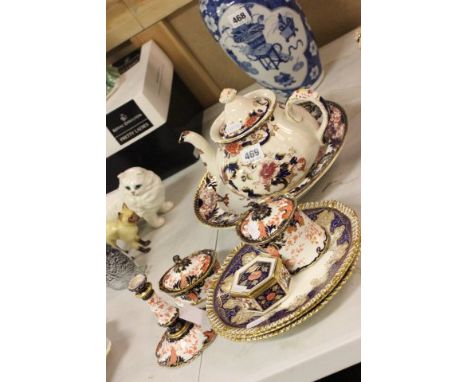 A Royal Crown Derby Plate, Trinket Dish, Candlestick and Jar with Lid plus a Mason's 'Mandalay' Teapot and Three Wedgwood Pla