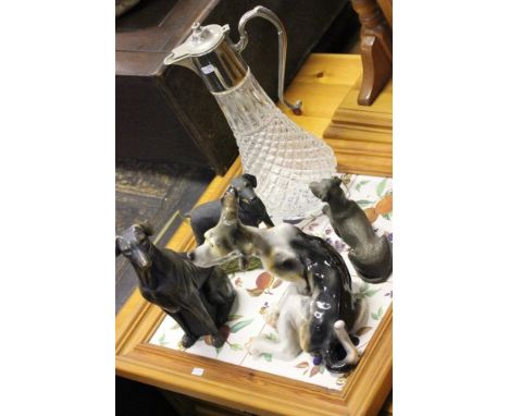 A Pine Tray with Royal Worcester Tiles, Glass Claret Jug and Four Dog Models 