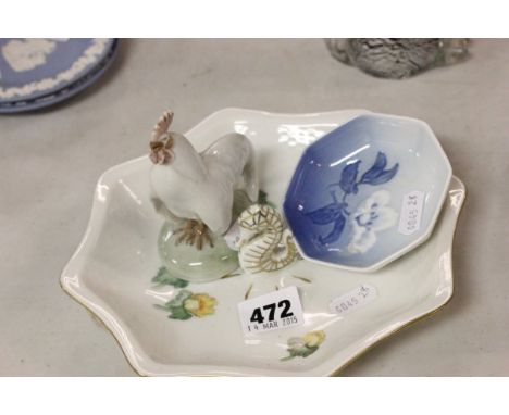 A Danish Ceramic Cockerel, B&amp;G Danish Trinket Dish plus a B&amp;G Danish Bowl with sea horse finial to centre