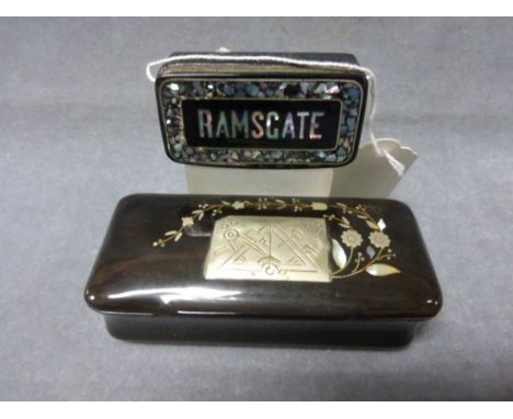 A 19th century Large Horn Snuff Box with Masonic Emblem together with a Papier Mache Snuff Box with 'Ramsgate' mother of pear