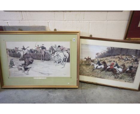 A Large Framed and Glazed Hunting Cecil Aldin Print 'The First Fence' plus another Hunting Print 