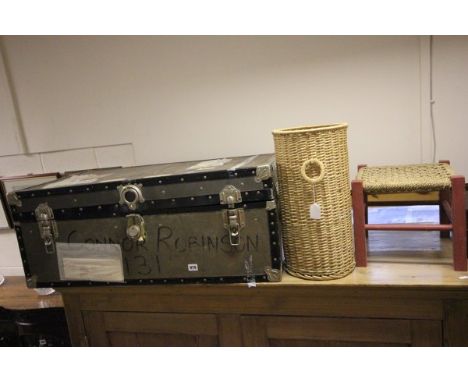 Travelling Trunk, Wicker Stick Stand and a Stool