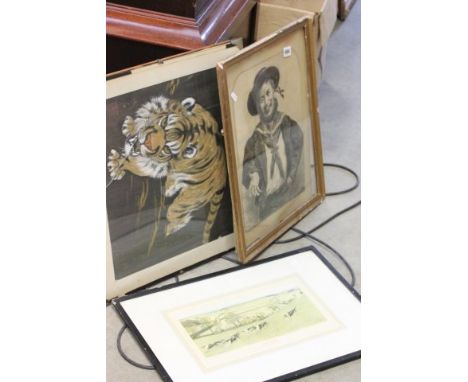 Oriental Painting on Silk of a Tiger, Black and White Picture of a Sailor and a Hunting Print of The Quorn