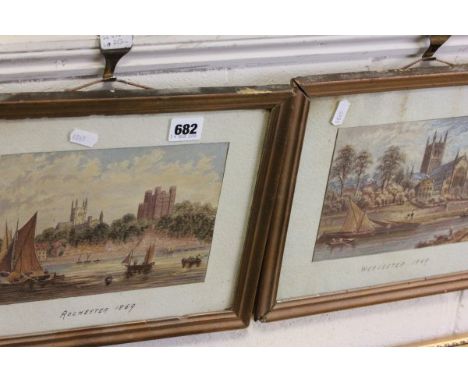 Pair of Late 19th century Gilt Framed Watercolours of Rochester and Worcester