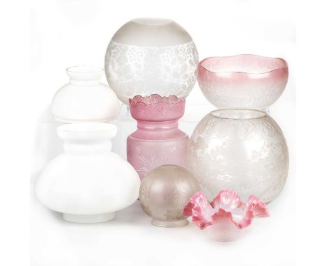 A MIXED GROUP OF GLASS OIL LAMP SHADES including a small cranberry vaseline glass shade, with a fluted edge; a cylindrical-sh