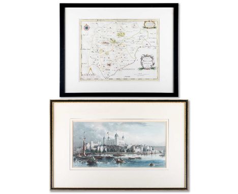 MORDEN MAP OF RUTLAND HAND COLOURED  Framed and glazed, sold together with a print of the Tower of London after Lovis Godfrey