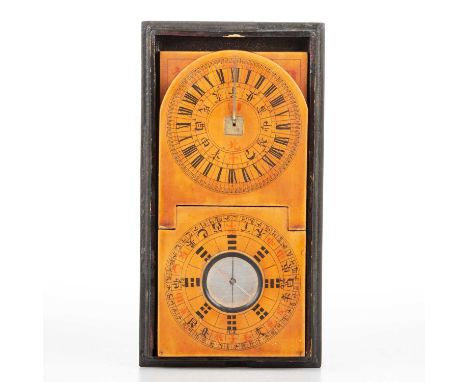 A CHINESE BOXWOOD FENG SHUI COMPASS WITHIN A BLACK LAQUER BOX rectangular, lacquered, inset compass, adjustable sundial and h