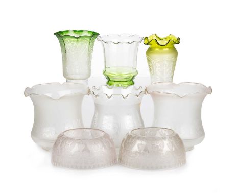 A MIXED GROUP OF GLASS OIL LAMP SHADES including an octagonal-shaped green shade, acid etched with scrolling foliage; a tulip