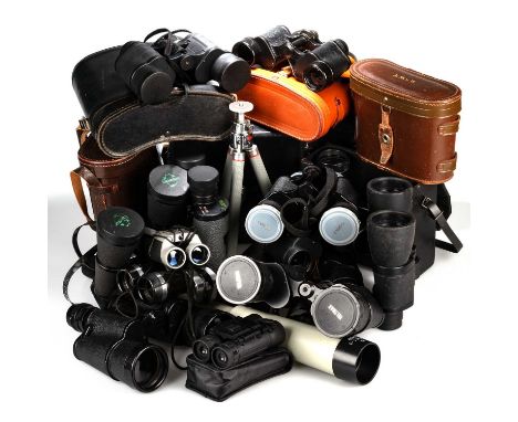 A GROUP OF BINOCULARS AND A SPOTTING SCOPE including Zenith 7x50 binoculars, serial number 55123, cased; Praktica W10x50 P bi