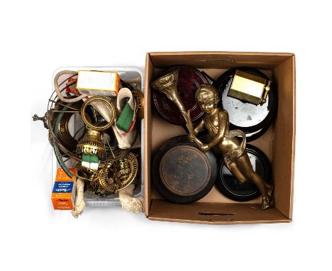 A MIXED GROUP OF OIL LAMP PARTS AND A LIGHTER including burners, stands, shade holders, a brass Polaire Paris table lighter, 