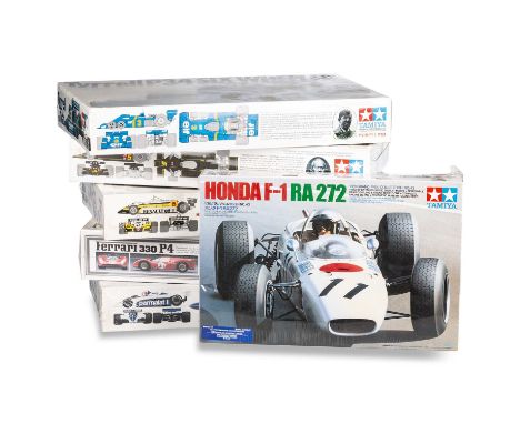 FIVE TAMIYA MODEL KIT RACING CARS all 1:20 scale, comprising 'Renault RE-30B Turbo', kit no. 2018; Honda F-1 RA 272, kit no. 