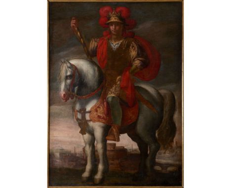 Spanish School, 17th centuryEquestrian portrait of a Roman Emperor riding a white horseThe figure is attired in leather suit 