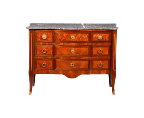 A Louis XVI style commodeVarious timbers veneers and marquetry decorationThree drawers, gilt metal hardware and marble topFra