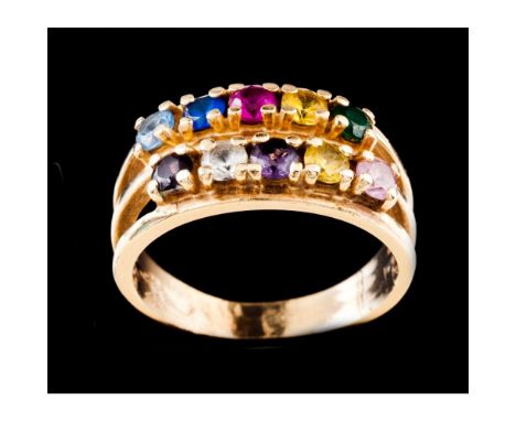 A ringGold 375/000Set with sapphires, topazes, citrines, ruby and aquamarinePost-2021 hallmarkMed. 14 (EU)4.6 g