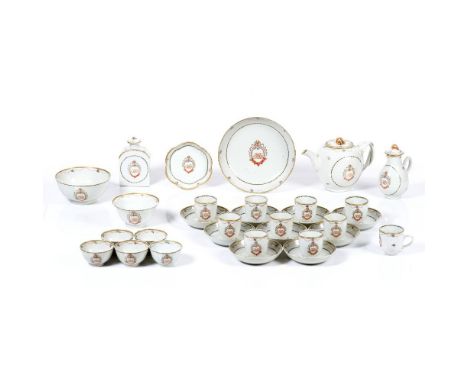 Part of a tea and coffee setTeapot, milk jug, drip bowl, a bowl, lobate saucer, tea caddy, cake plate, 10 coffee cups, 9 sauc