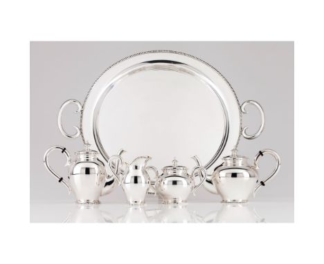 A tea and coffee setSilver 925/000Comprising of teapot, coffee pot, sugar bowl, milk jug and round trayBeaded decorationOport