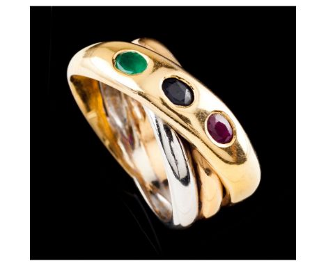 A triple ring bandBicoloured gold 800/000Set with 1 sapphire, 1 emerald and one oval cut rubyOporto hallmarks (1985-2020)Med.