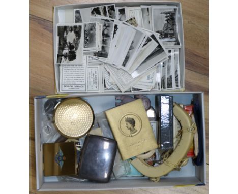 A collection of rulers, playing cards, silver vinaigrette case etc.