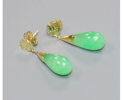 A pair of yellow metal and jade drop earrings