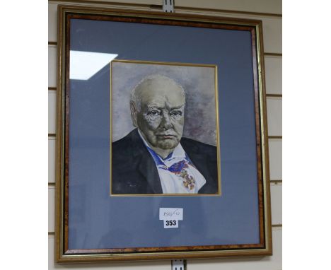 English School watercolour portrait of Winston Churchill, dated 1965, 28 x 23cm.