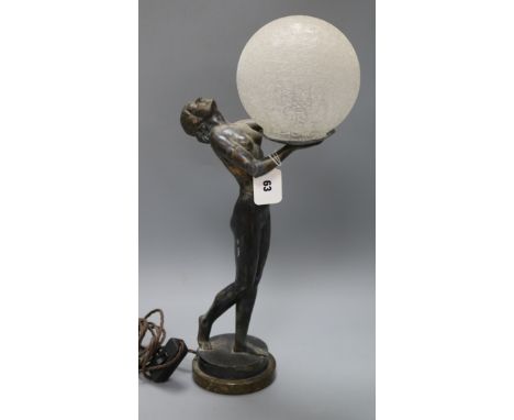 An Art Deco spelter figural lamp height excl. shade 42cm