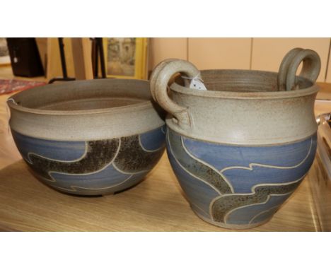 Usch Spettigue, Harkstead, Ipswich. A studio pottery large planter and a jardiniere, the planter of slightly oval form, inset
