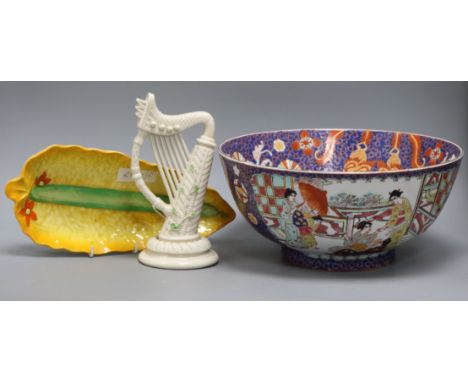 A Belleek porcelain model of a harp, circa 1920, a Carltonware dish and a modern famille rose bowl