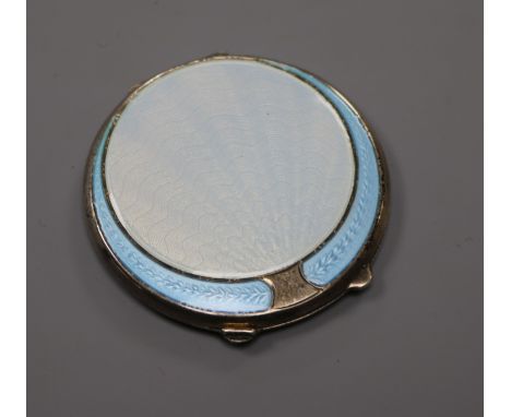 A late 1940's silver and guilloche enamel circular compact, Joseph Gloster Ltd, Birmingham, 194, 67mm.