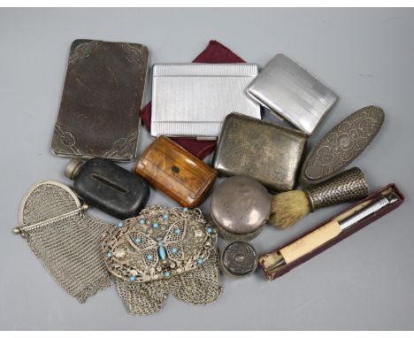 Two mesh purses and other items including treen snuff box, silver cigarette cases and toilet jars.