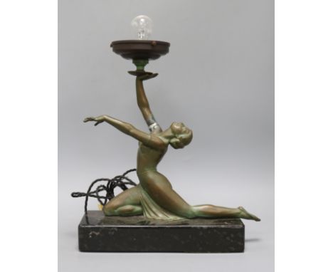 An Art Deco spelter figural lamp on a marble base height 38cm, repair to right arm