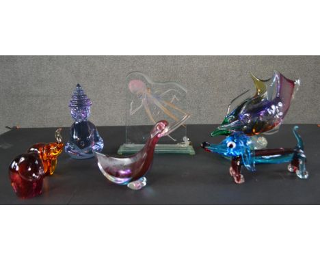 A miscellaneous collection of vintage coloured glass figures. H.29 W.20cm (largest) 
