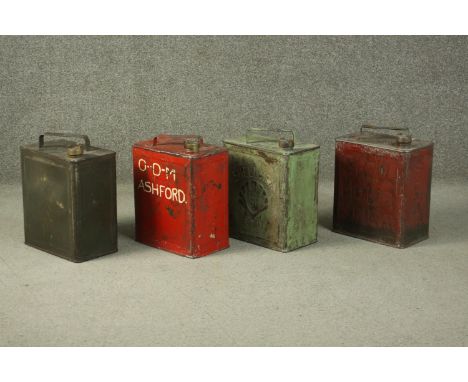 Four 20th century painted metal Jerry cans, marked for O-D-M Ashford, Insect Repellent, BP Ltd Shell Mex, and Shell Motor Spi