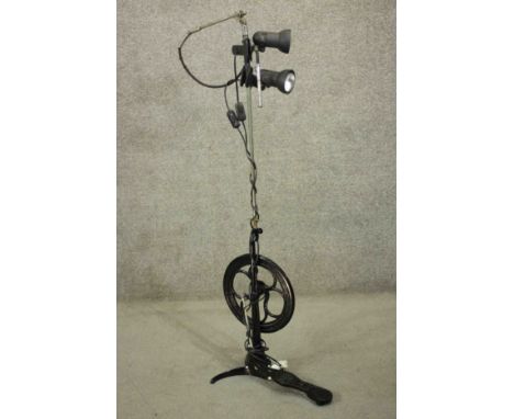 A vintage dentist's drill converted into a standard lamp. H.140 W.130cm. 